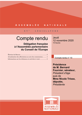 Compte Rendu 12 Novembre 2020 Délégation Française 14 Heures À L’Assemblée Parlementaire Du Conseil De L’Europe