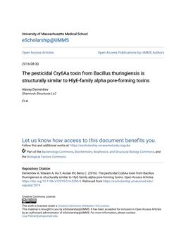 The Pesticidal Cry6aa Toxin from Bacillus Thuringiensis Is Structurally Similar to Hlye-Family Alpha Pore-Forming Toxins