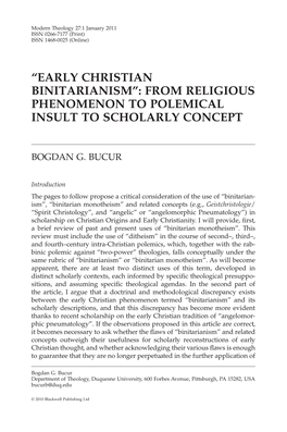 Early Christian Binitarianism: from Religious Phenomenon to Polemical Insult to Scholarly Concept