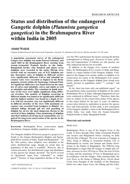 Status and Distribution of the Endangered Gangetic Dolphin (Platanista Gangetica Gangetica) in the Brahmaputra River Within India in 2005