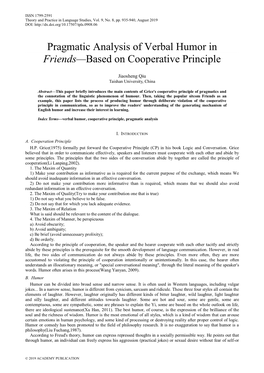 Pragmatic Analysis of Verbal Humor in Friends—Based on Cooperative Principle