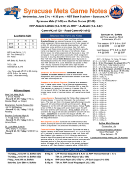 June 23Rd Syracuse Mets Game Notes Vs. Buffalo Bisons