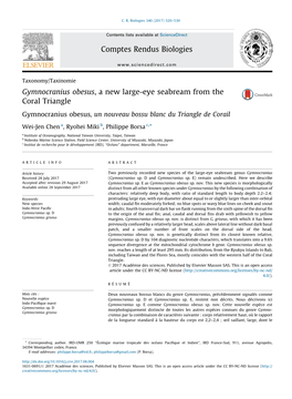 Gymnocranius Obesus, a New Large-Eye Seabream from the Coral