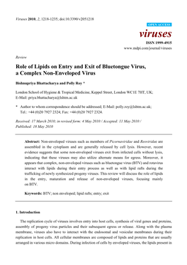 Role of Lipids on Entry and Exit of Bluetongue Virus, a Complex Non-Enveloped Virus