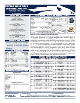 Nevada Wolf Pack 2019 Football Game Notes 11 Bowl Games in Past 14 Years 14 Conference Championships 52 All-Americans Track the Pack Game Notes | Nevada Vs