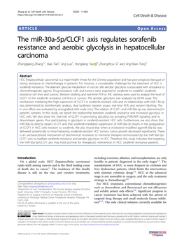 The Mir-30A-5P/CLCF1 Axis Regulates Sorafenib Resistance and Aerobic Glycolysis in Hepatocellular Carcinoma