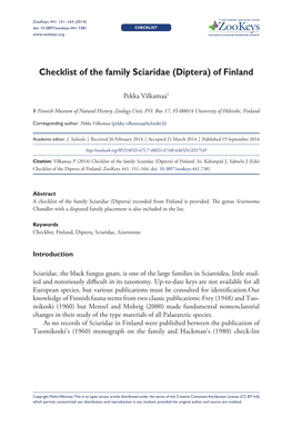 Diptera) of Finland 151 Doi: 10.3897/Zookeys.441.7381 CHECKLIST Launched to Accelerate Biodiversity Research