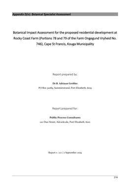 Botanical Impact Assessment for the Proposed Residential Development at Rocky Coast Farm (Portions 78 and 79 of the Farm Ongegund Vryheid No