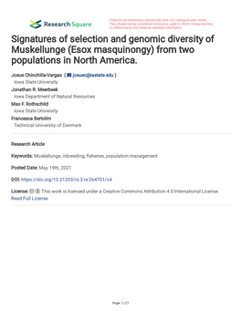 Signatures of Selection and Genomic Diversity of Muskellunge (Esox Masquinongy) from Two Populations in North America