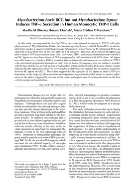 Mycobacterium Bovis BCG but Not Mycobacterium Leprae Induces TNF