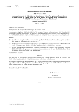 Commission Implementing Decision of 27 November 2018 on the Publication in the Official Journal of the European Union of an Appl