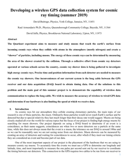 Developing a Wireless GPS Data Collection System for Cosmic Ray Timing (Summer 2019)