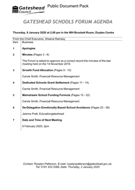 (Public Pack)Agenda Document for Gateshead Schools Forum, 09/01