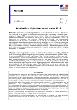 Les Élections Législatives De Décembre 2018 ARMENIE