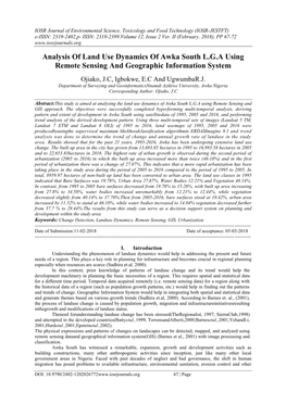 Analysis of Land Use Dynamics of Awka South L.G.A Using Remote Sensing and Geographic Information System