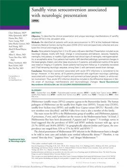 Sandfly Virus Seroconversion Associated with Neurologic Presentation