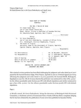 Sri Subal Kumar Dey Vs Sri Gora Chakraborty on 8 April, 2021 Tripura High Court Sri Subal Kumar Dey Vs Sri Gora Chakraborty on 8 April, 2021 Page 1