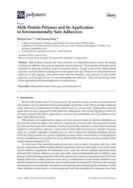 Milk Protein Polymer and Its Application in Environmentally Safe Adhesives