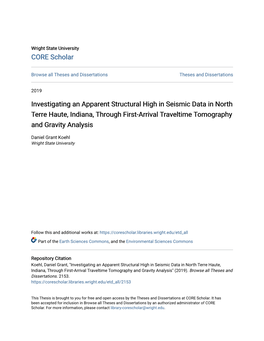 Investigating an Apparent Structural High in Seismic Data in North Terre Haute, Indiana, Through First-Arrival Traveltime Tomography and Gravity Analysis