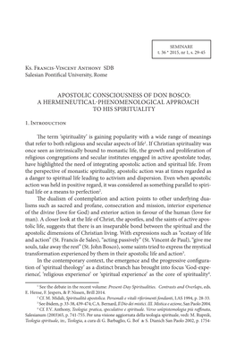 Apostolic Consciousness of Don Bosco: a Hermeneutical-Phenomenological Approach to His Spirituality