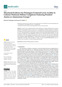 Structural Evidence for Pnictogen-Centered Lewis Acidity in Cationic Platinum-Stibine Complexes Featuring Pendent Amino Or Ammonium Groups †