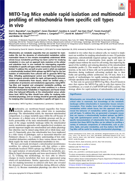 MITO-Tag Mice Enable Rapid Isolation and Multimodal Profiling of Mitochondria from Specific Cell Types in Vivo