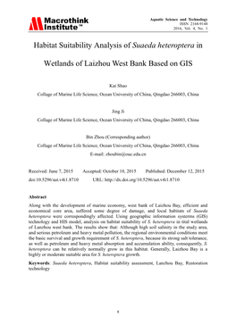 Habitat Suitability Analysis of Suaeda Heteroptera in Wetlands of Laizhou West Bank Based On