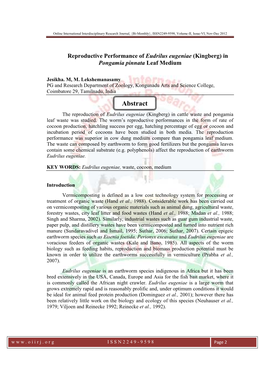 Abstract the Reproduction of Eudrilus Eugeniae (Kingberg) in Cattle Waste and Pongamia Leaf Waste Was Studied