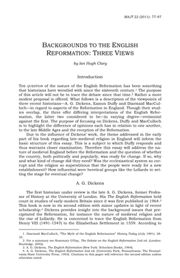 Backgrounds to the English Reformation: Three Views