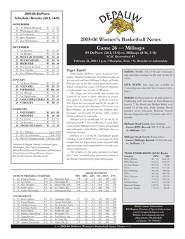 2005-06 Women's Basketball Notes Game 26 — Millsaps