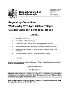 Regulatory Committee Wednesday 26 April 2006 at 7.00Pm Council Chamber, Swanspool House