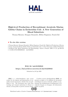 High-Level Production of Recombinant Arenicola Marina Globin Chains In