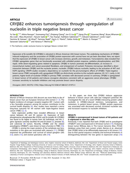 Cryβb2 Enhances Tumorigenesis Through Upregulation of Nucleolin in Triple Negative Breast Cancer