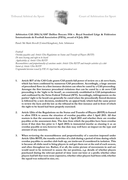 Arbitration CAS 2016/A/4387 Delfino Pescara 1936 V. Royal Standard Liège & Fédération Internationale De Football Association (FIFA), Award of 8 July 2016