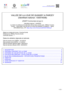VALLEE DE LA LOUE DE QUINGEY a PARCEY (Identifiant National : 430014008)