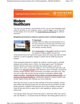 Hospitals Pressured As Insurers Pursue More Vertical Integration - Modern Healthcare Page 1 of 3