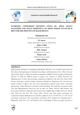Nutrition Comparison Between Genus of Apple (Malus Sylvestris and Malus Domestica) to Show Which Cultivar Is Best for the Province of Balochistan