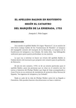 El Apellido Baldor En Riotuerto Según El Catastro Del Marqués De La Ensenada, 1753