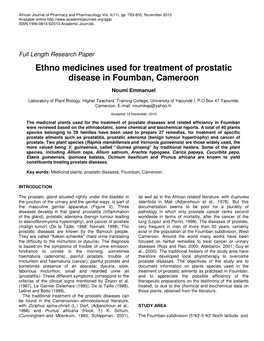 Ethno Medicines Used for Treatment of Prostatic Disease in Foumban, Cameroon
