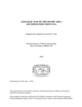 Geologic Map of the Divide Area Southwestern Montana