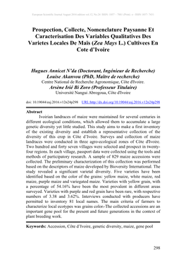 Prospection, Collecte, Nomenclature Paysanne Et Caracterisation Des Variables Qualitatives Des Varietes Locales De Maïs (Zea Mays L.) Cultivees En Cote D’Ivoire