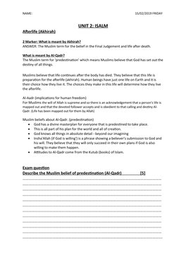 UNIT 2: ISALM Afterlife (Akhirah)