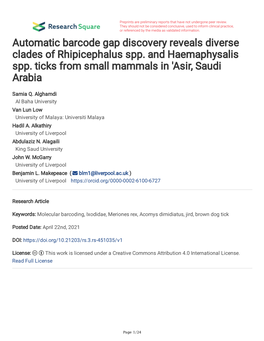 Automatic Barcode Gap Discovery Reveals Diverse Clades of Rhipicephalus Spp