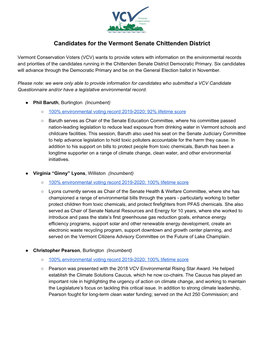 Candidates for the Vermont Senate Chittenden District