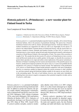 Hottonia Palustris L. (Primulaceae) – a New Vascular Plant for Finland Found in Turku