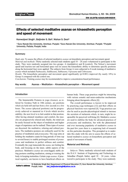 Effects of Selected Meditative Asanas on Kinaesthetic Perception and Speed of Movement