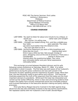 POSC 492 the Senior Seminar: First Ladies Anthony J