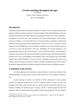 Levirate Marriage Throughout the Ages Jan Tranžík Faculty of Law, Masaryk University Brno, Czech Republic