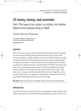 Of Money, Heresy, and Surrender Part I: the Ways of Our System, an Outline, from Bretton Woods to the Financial Slump of 2008