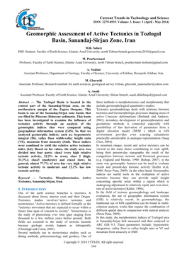 Geomorphic Assessment of Active Tectonics in Tozlogol Basin, Sanandaj-Sirjan Zone, Iran